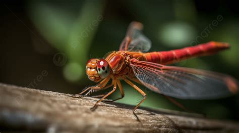 Red Dragonfly Sitting On A Log Background At The End Of Summer A Red