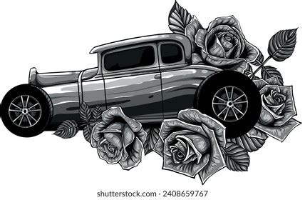 Monochromatic Illustration Hot Rod Car Roses Stock Vector Royalty Free