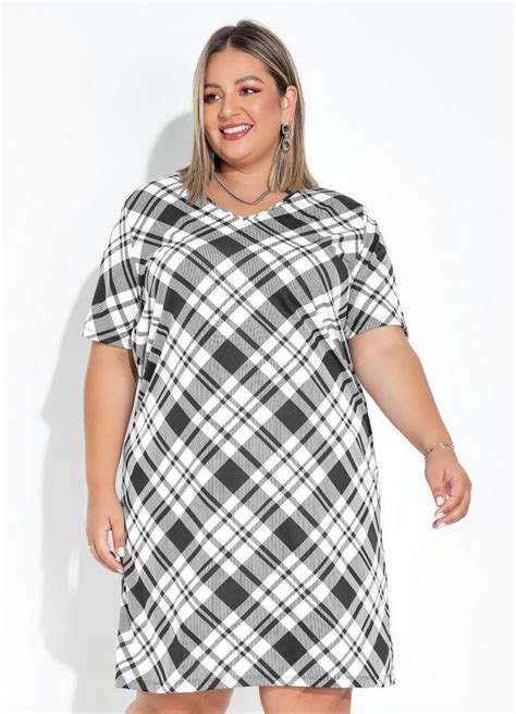 Vestido Xadrez Preto Evasê Mangas Plus Size Marguerite