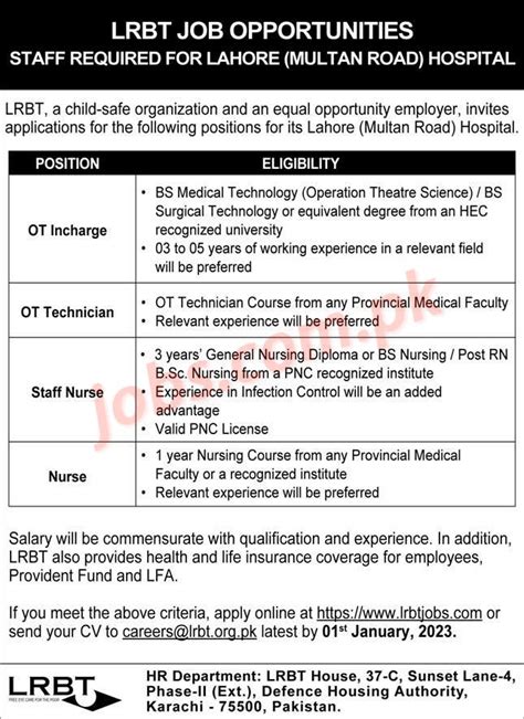 Lrbt Hospital Lahore Jobs For Ot In Charge Technician Staff