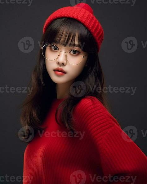 Ai Generative Beautiful Asian Girl Wearing Red Sweater Glasses And Hat