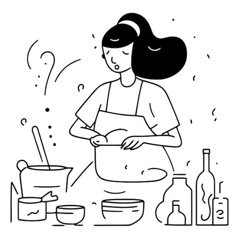 Mujer Cocinando En La Cocina En Un Estilo Plano Vector Premium