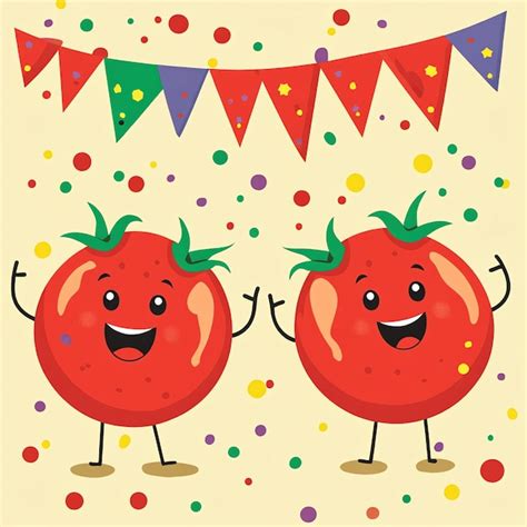 Two Cheerful Tomato Characters Celebrate With Confetti And Flags