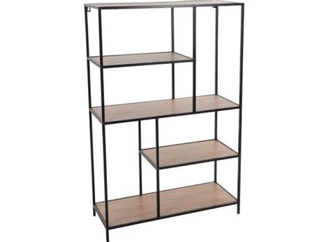 Three Tiered Shelving Unit With Wood Shelves On Each Side And Black