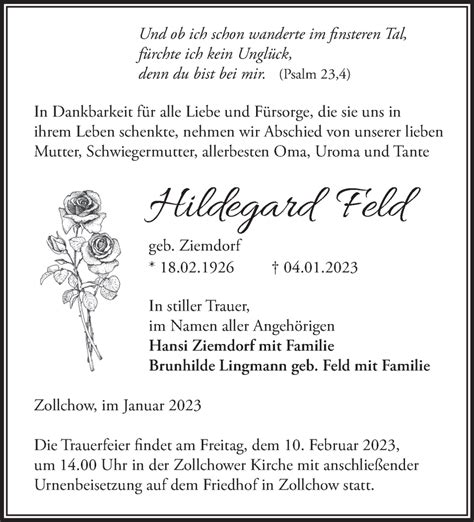 Traueranzeigen von Hildegard Feld Märkische Onlinezeitung Trauerportal