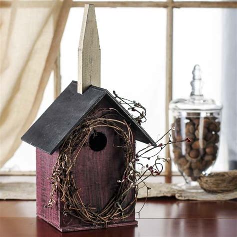 Burgundy Wooden Twig Birdhouse With Steeple Decorative Accents