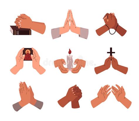 Diverse Prayer Hand Gestures Vector Illustration Set Stock Vector