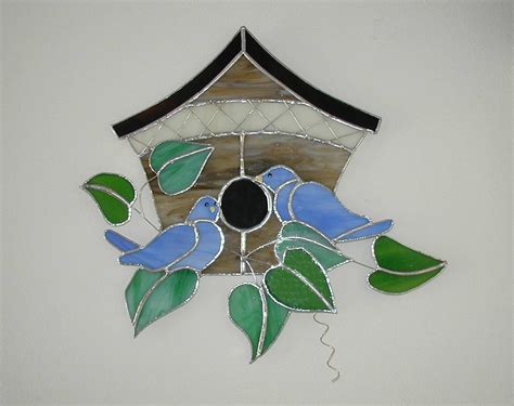 Stained Glass Blue Bird And Birdhouse Suncatcher