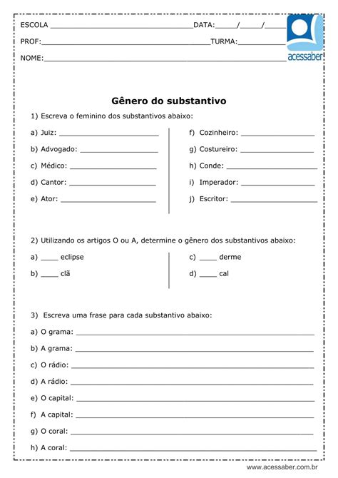 Atividade De Português Gênero Do Substantivo 4º Ou 5º Ano