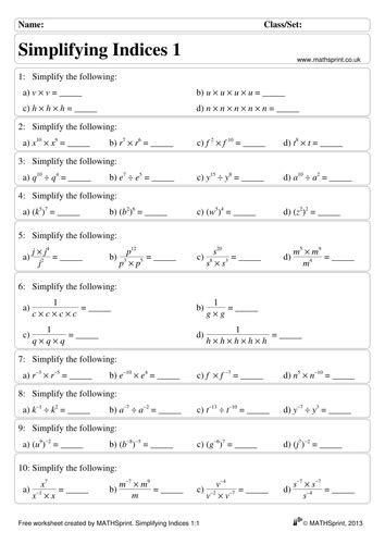 Algebraic Indices Practice Questions Solutions Teaching Resources