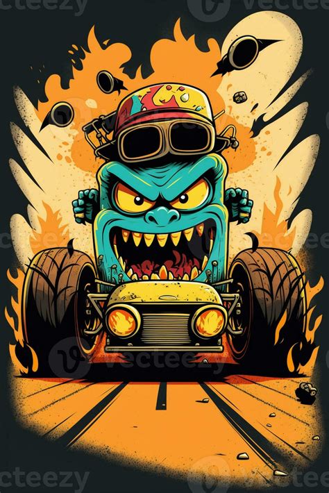 Cartoon Monster Driving A Car With A Huge Mouth And Huge Tires