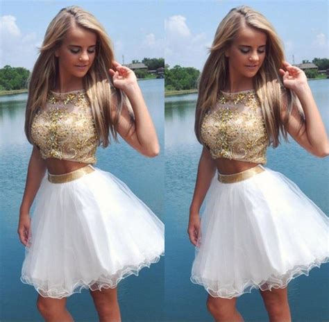 Gold Beading White Short Prom Dresses Bateau Neck Shot Sleeves Sexy