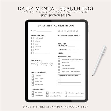 Printable Or Digital Daily Mental Health Log Created By A Therapist In Black And White Daily