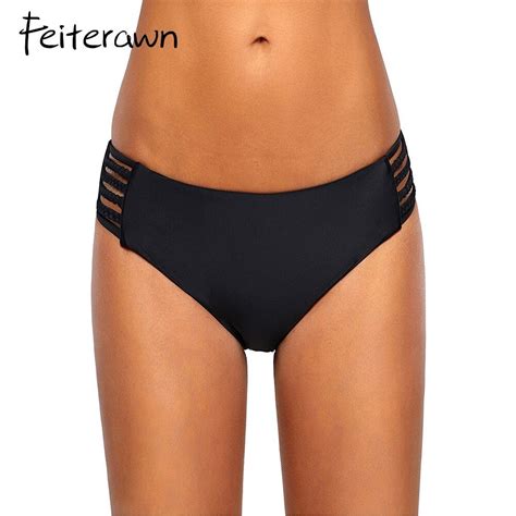 Vintage Negro Strappy Side Bikini Bragas Baja Cintura Swimwear Bikini Bottoms Ahueca Hacia Fuera