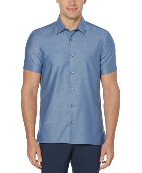 Perry Ellis Solid Textured Short Sleeve Button Down Shirt In Blue For Men Lyst