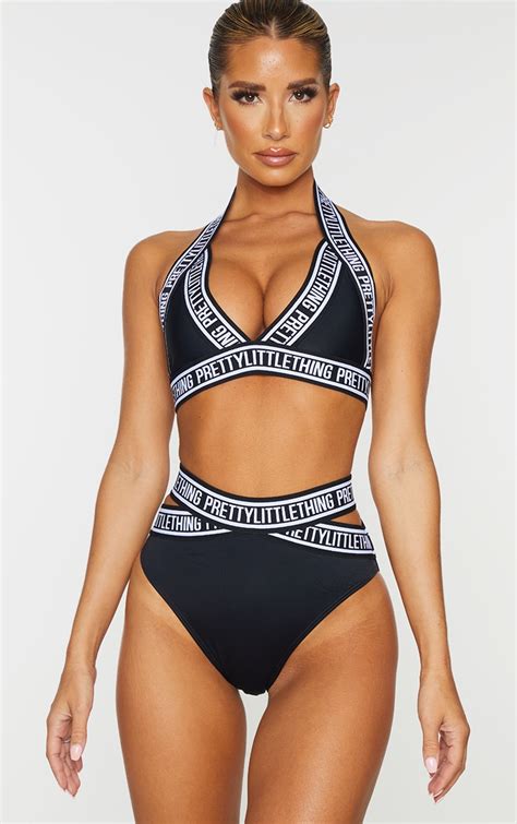 Prettylittlething Black Strap Triangle Bikini Top Prettylittlething