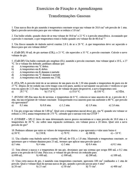 Questões Sobre Transformações Gasosas - Exercícios sobre Transformações Gasosas | PDF | Gases | Temperatura