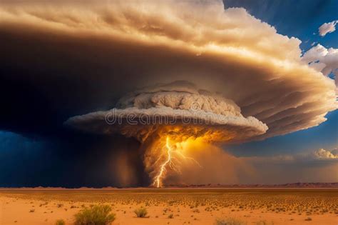 Thunderstorm Supercell With Giant Lightning Over Desert Made With