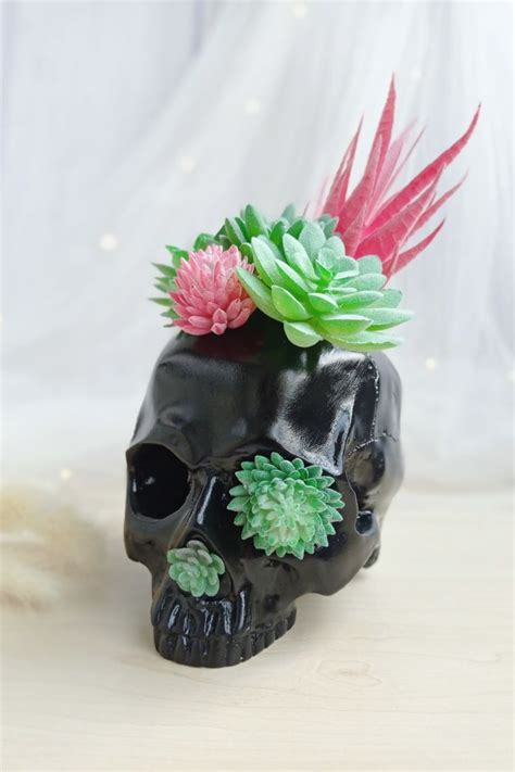 Human Skull Sculpture Realistic Skull With Fake Succulent Arrangement