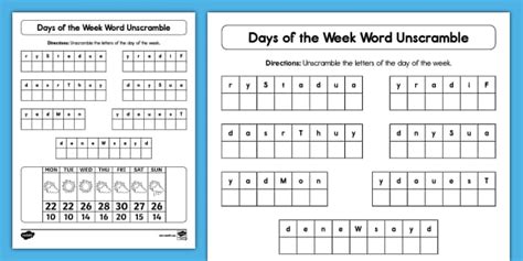 Second Grade Days Of The Week Word Unscramble Activity