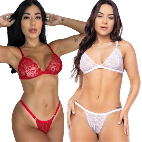 Kit Conjunto Lingerie Renda Sexy Sensual Feminino Transparente