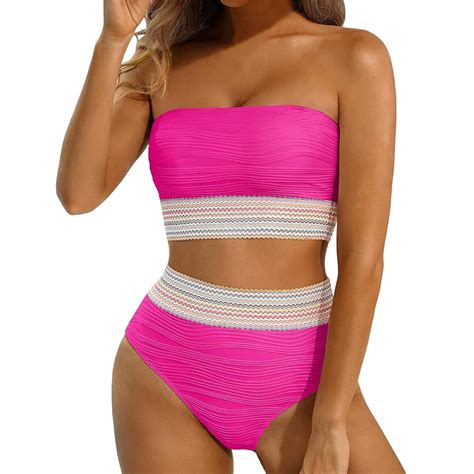 Qhfbli High Waisted Bandeau Bikini Set Women Strapless Two Piece Swimsuits Ribbed Longline