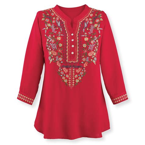 Woven Embroidered Tunic With Henley Style Neckline Collections Etc