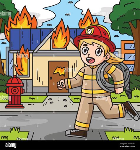 Firefighter And A Building On Fire Colored Cartoon Stock Vector Image