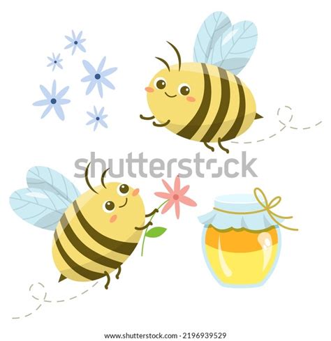 Set Cute Bees Honey Flowers Cartoon Stock Vector Royalty Free