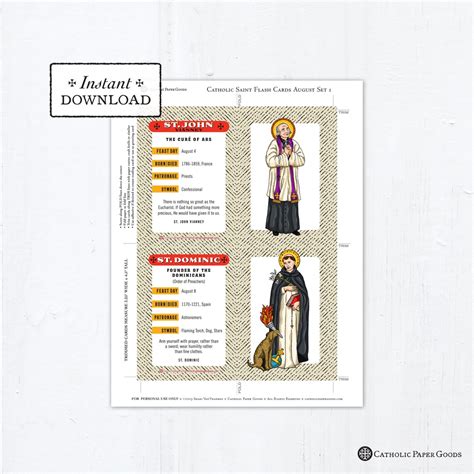 Catholic Saint Flash Cards August Set 1 Printable Plus Etsy