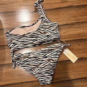 Swim Cabana Del Sol Zebra Stripe Print One Shoulder Bikini Large Nwt