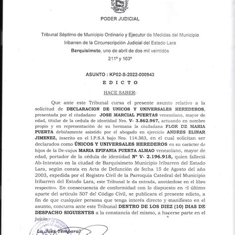 Edicto Se Hace Saber Solicitud De Declaraci N De Nicos Y