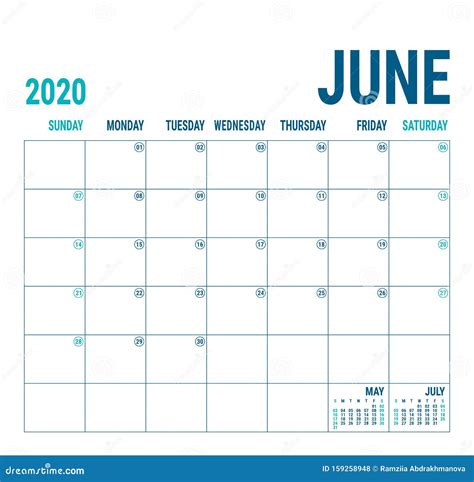 Juni 2020 Agenda Planner Template Voor Engelse Kalender Vector Vierkant