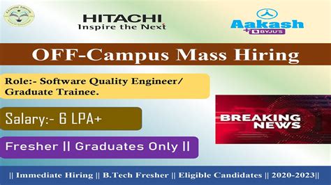 Off Campus Graduate Hiring B Tech Fresher Hitachi And Aakash