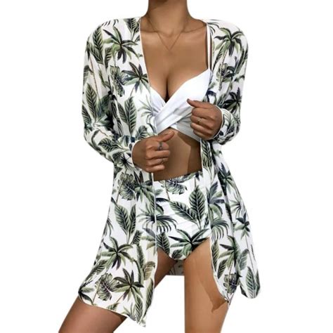Pcs Set Women Swimsuit Summer Bikini Set Push Up Bra Printed Briefs Long Sleeve Sun Protection