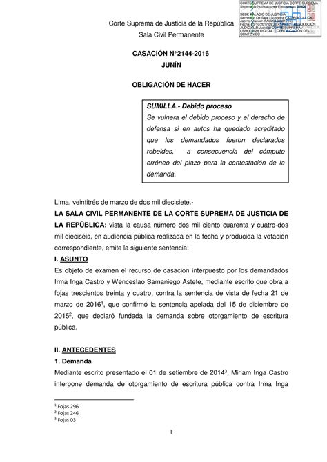 Casación 2144 2016 ObligaciÓn De Hacer Se Vulnera El Debido Proceso Y El Derecho De Defensa