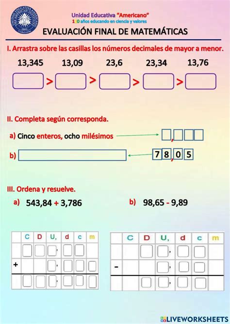 Numeros Decimales Online Exercise For Cuarto Primaria Live Worksheets