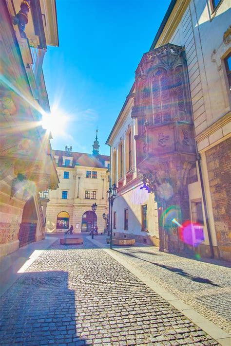 Morning Walk Among Medieval Buildings Prague Czech Republic Stock