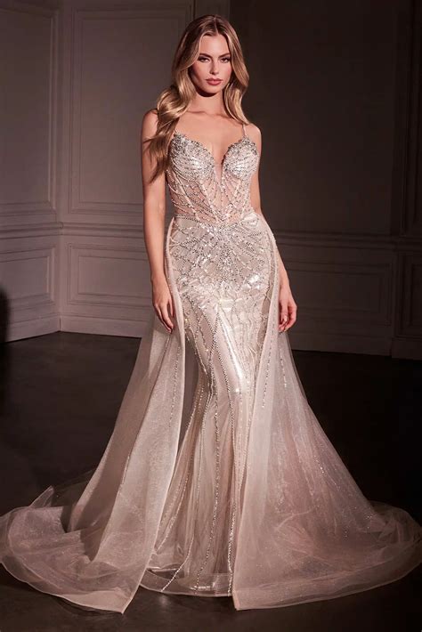 Thin Strapped Dress With Sheer Bodice And Linear Beaded Motif