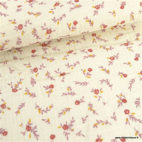 Tissu Double Gaze Sevia Motif Fleurs Fond Rose Morganite Oeko Tex