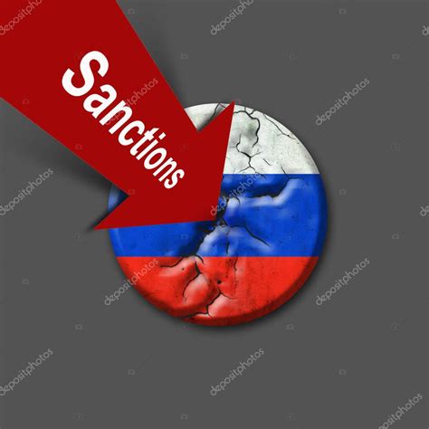 Sanciones Rusia Flecha Roja E Insignia Agrietada Con La Bandera De Rusia Aislado Sobre Un