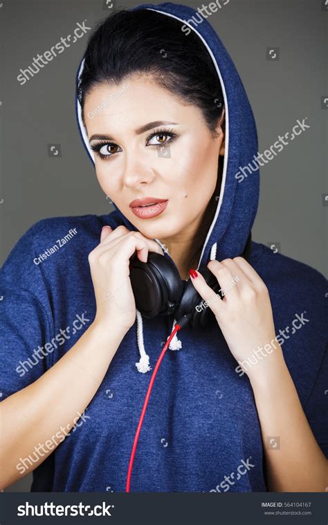 Portrait Beautiful Brunette Woman Posing Headphones Stock Photo Shutterstock