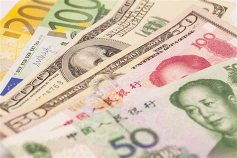 Chinese Yuan European Euro Notes And American Dollars Stock Photo