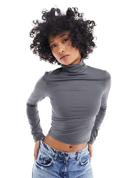 Stradivarius Str High Neck Long Sleeve Top In Charcoal Asos