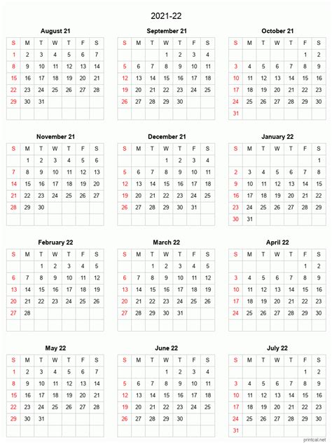 Printable 2021-22 Split Year Academic Calendar