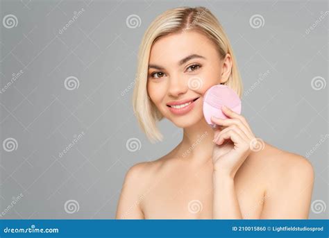 Blonde Woman With Naked Shoulders Holding Stock Photo Image Of Cheerful Clean 210015860