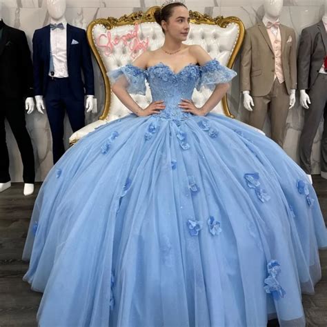 Shiny Sky Blue Off Shoulder Princess Quinceanera Ball Gown With 3D