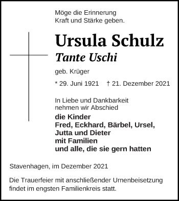 Traueranzeigen Von Ursula Schulz Trauer Nordkurier