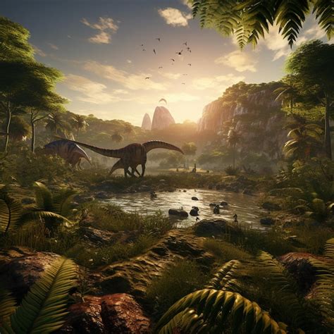 Paisagem Pré Histórica Com Majestosos Dinossauros E Folhagem Exuberante Foto Premium