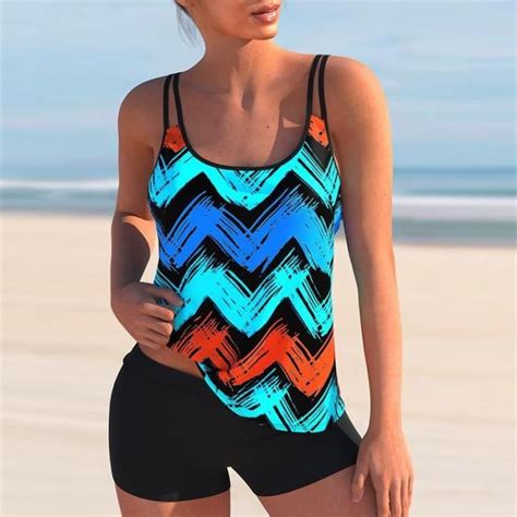 Maillot de Bain Pièces Femme Tankini Ensembles Maillots Bikini Set Imprimé sans Manches